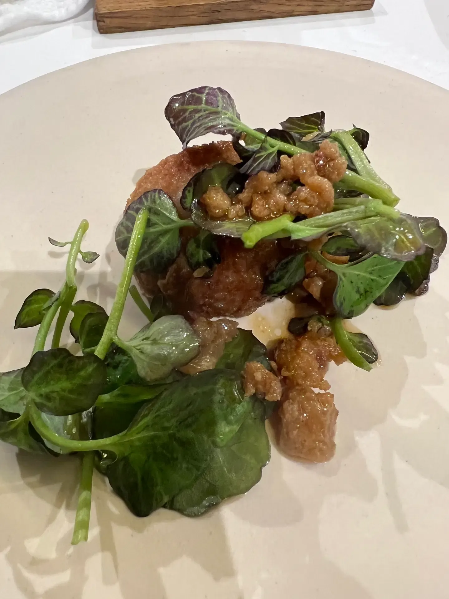 Greens and crisp elements arranged on a pale plate at Mugaritz